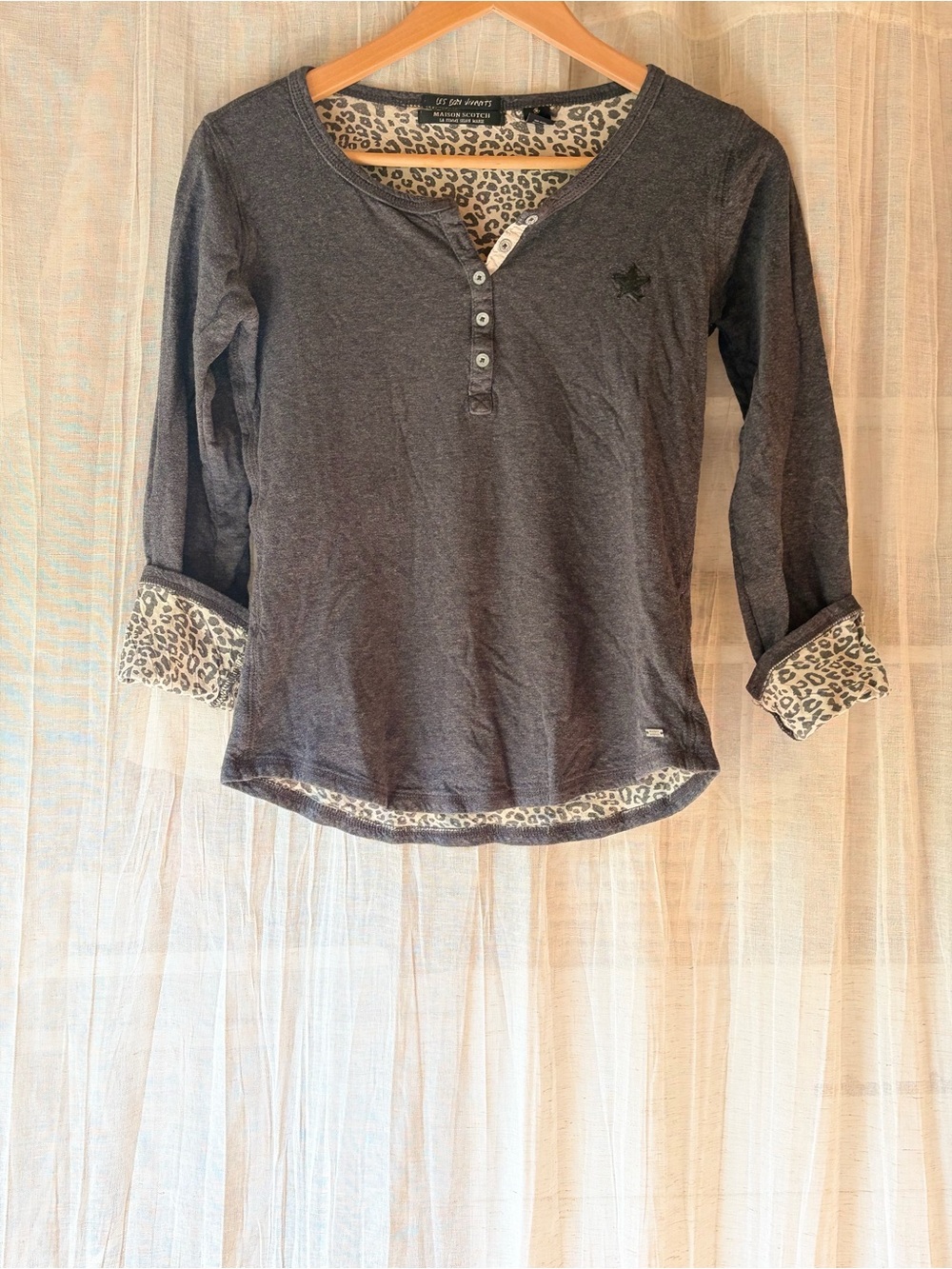 Maison scotch Charcoal Henley Top with Leopard Trim Size XS-S